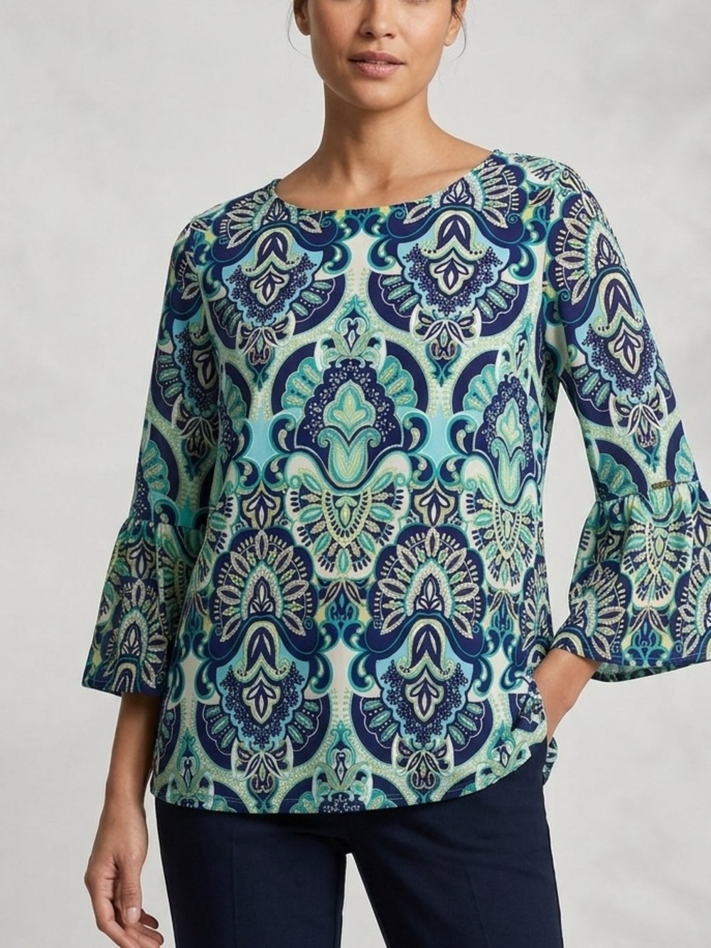 Chico's Blue & Teal Paisley Print Top Bell-Sleeve Blouse‎ Shirt Size 2 Large
